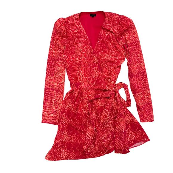 NBD Structured Shoulder Fauna Wrap Dress Red Orange Snake Chiffon size Small - Picture 7 of 8